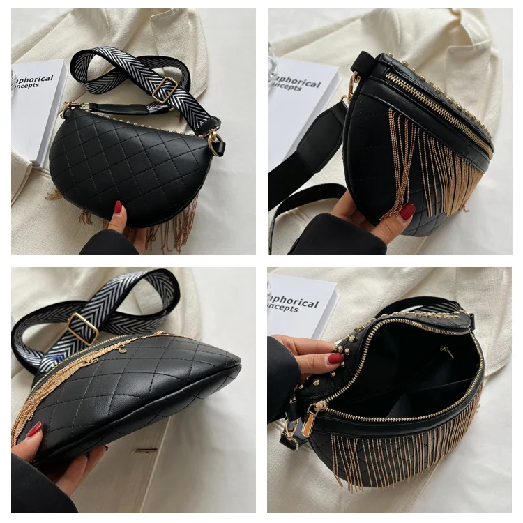 Women Fanny Pack Rivet Casual Shoulder Bag Broadband Chest Bag Tassel Female Bag  DOM107