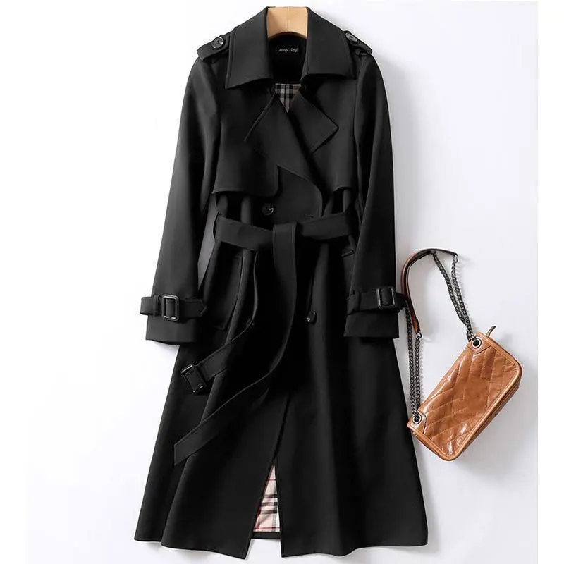2024 Elegant Light Fashion Korean Style Mid-Length Trench Coat Women Waterproof Belted Overcoat Bow Collar Pattern Spring Autumn