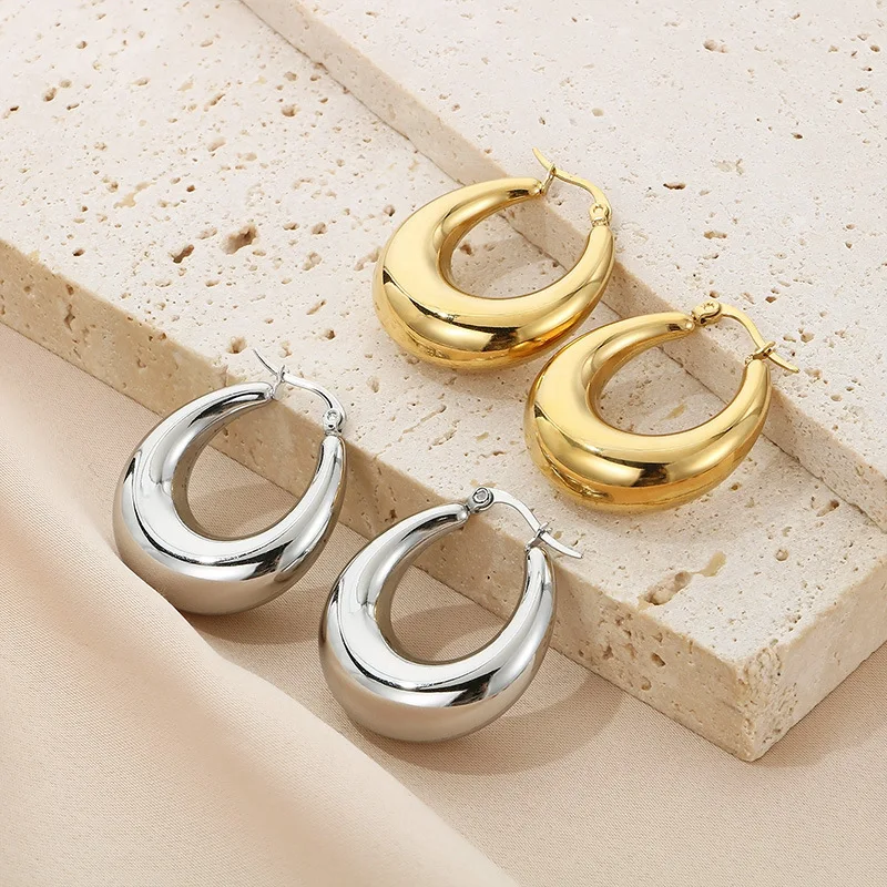 Classic Fashion Jewelry Earrings 18K Gold Plated Stainless Steel Hollow Out U Shape Chunky Thick Gold Hoop Earrings For Women