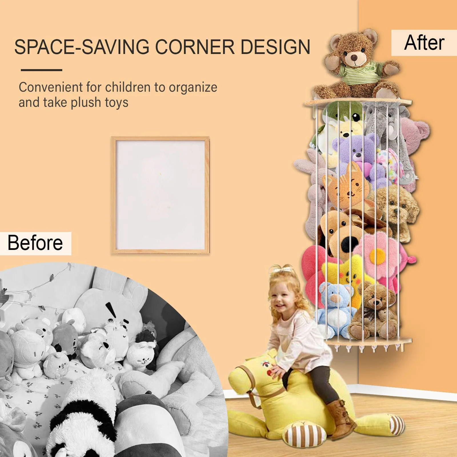 Stuffed Animal Storage Wood Corner Toys Holder for Nursery Play Room Bedroom Kids Room Furniture Stuffed Animal Organizer Shelf