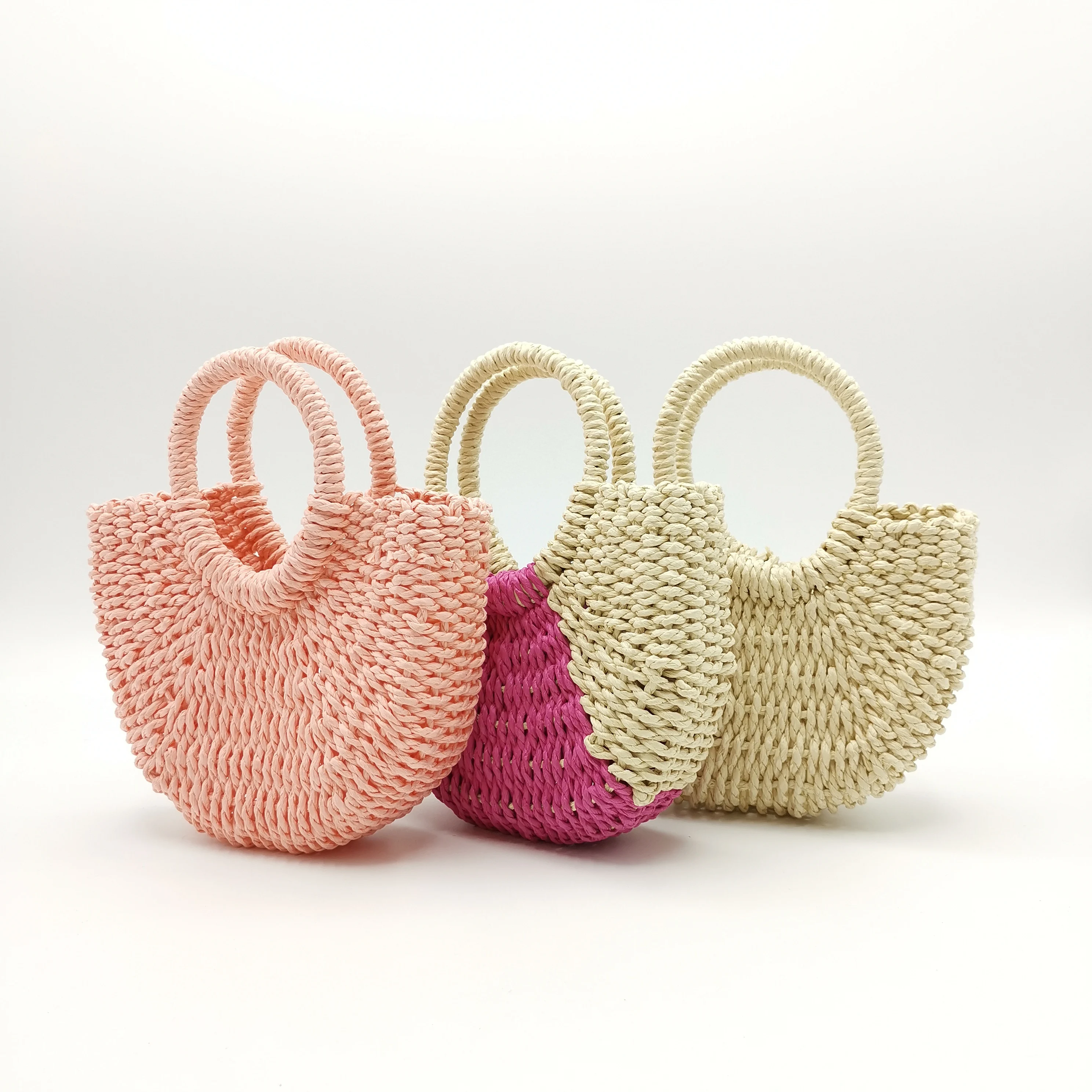 Pink Mini Straw Tote Bag Summer Beach Shoulder Bag Handmade Straw Woven Handbag for Kids