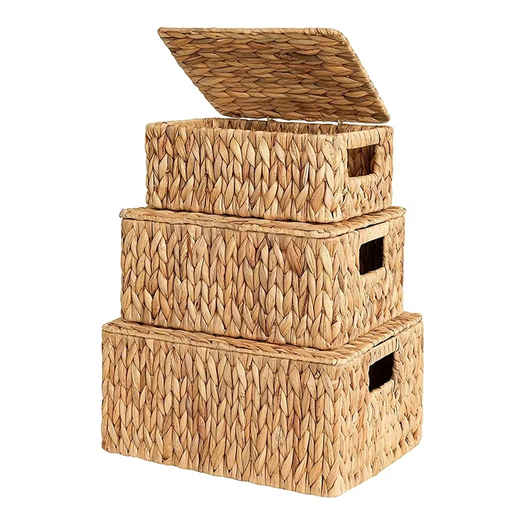 Wholesale Water Hyacinth Boxes Woven Box Natural Water Hyacinth Storage Basket With Built-In Handles For Living Room