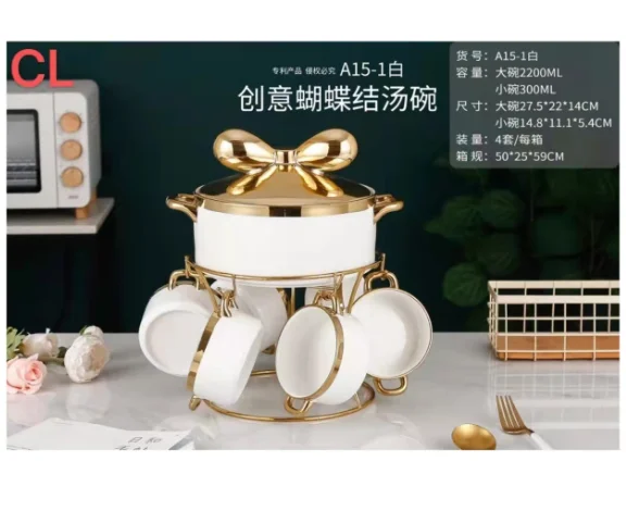 Creative Bow Design Soup Set With Golden Glaze Six Bowl Soup Pot Set Comes With Bracket Soup Bowl Container Gift Package