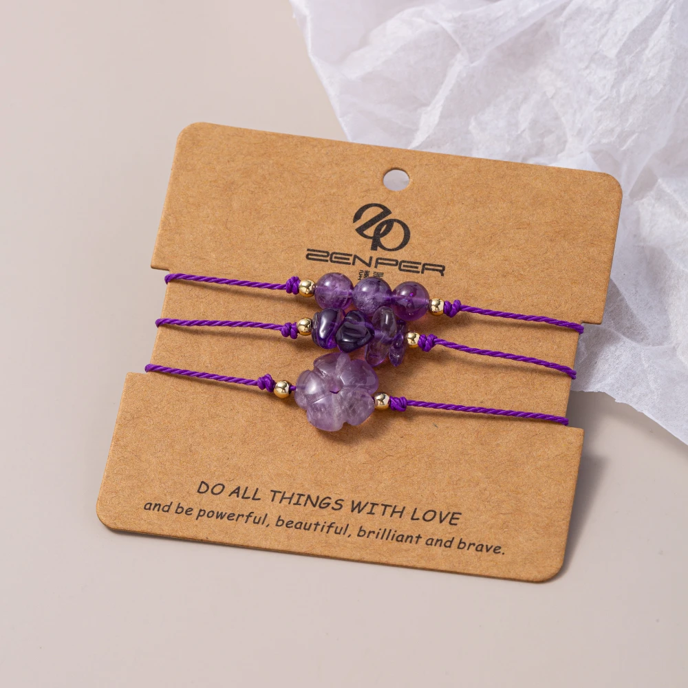 3pcs Chakra 6mm Crystal Stone Beaded Set Adjustable Rose Quartz Amethyst Gemstone Gravel Flower Charm Bracelet Gifts for Her