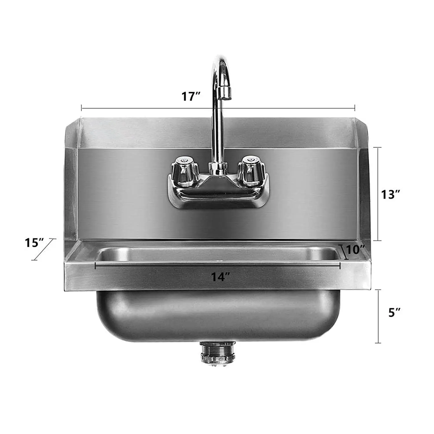 Stainless Steel Sink for Washing with Faucet and Side Splash, Commercial Wall Mount Hand Basin for Restaurant, Kitchen and Home