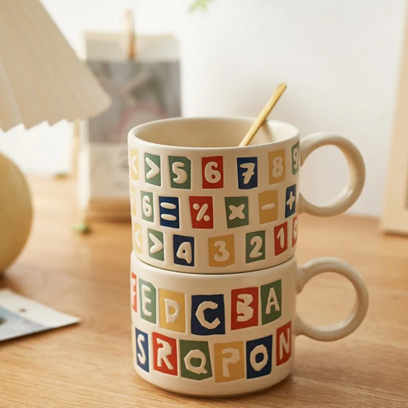 OEM ODM New Creative Letter Embossed Ceramic Coffee Mugs Custom Logo Nordic Porcelain Milk Cup Tea Mugs Wholesale