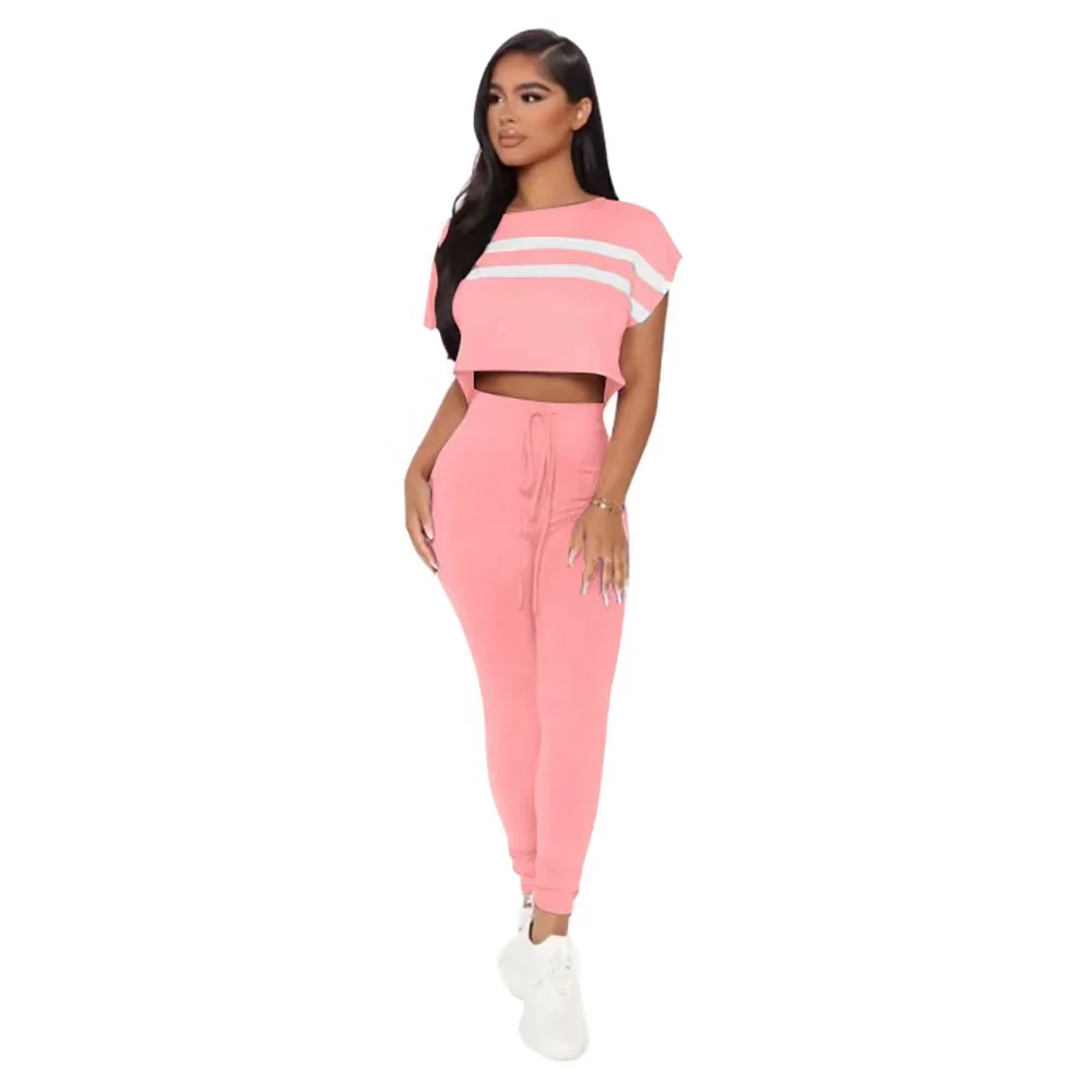 2024 New Arrival Short Sleeve Top And High Waist Trousers Set Women Clothes Print Crop Top 2 Piece Jogging Sportswear Outfit Set