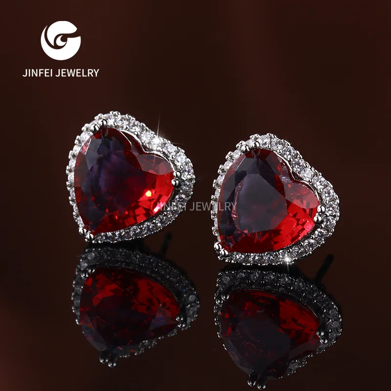 Hot Sale Red heart Shape Large Gemstones Ear Stud Silver Plated Jewelry Earrings