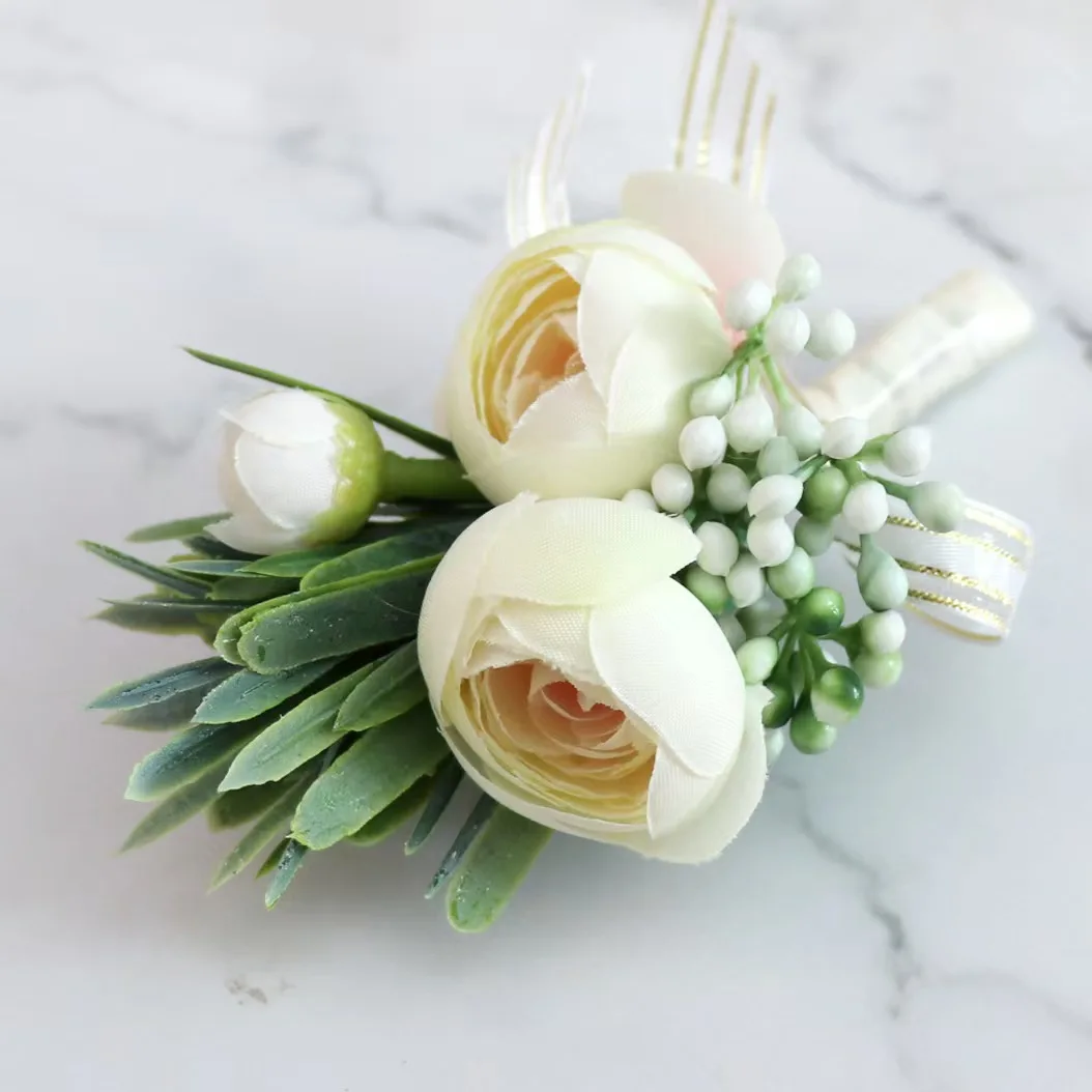Men Corsage Flower 2 Heads Artificial White Rose Groom Chest Boutonniere For Home Wedding Engagement Decorative Graduation