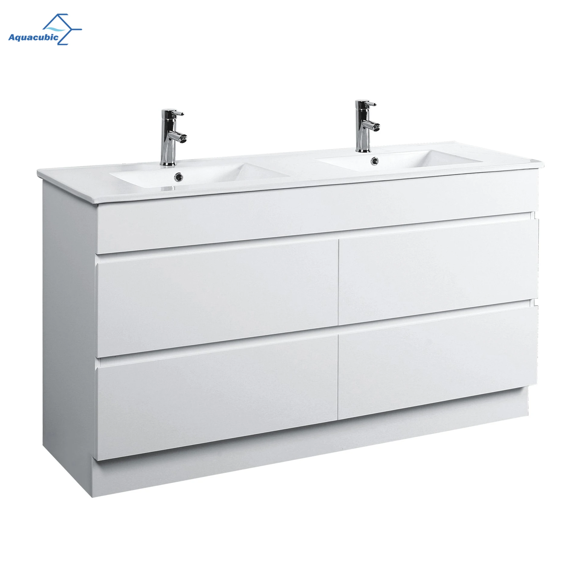Aquacubic популярная Двойная чаша MDF ПВХ белая мебель для ванной комнаты шкафчик с керамической раковиной