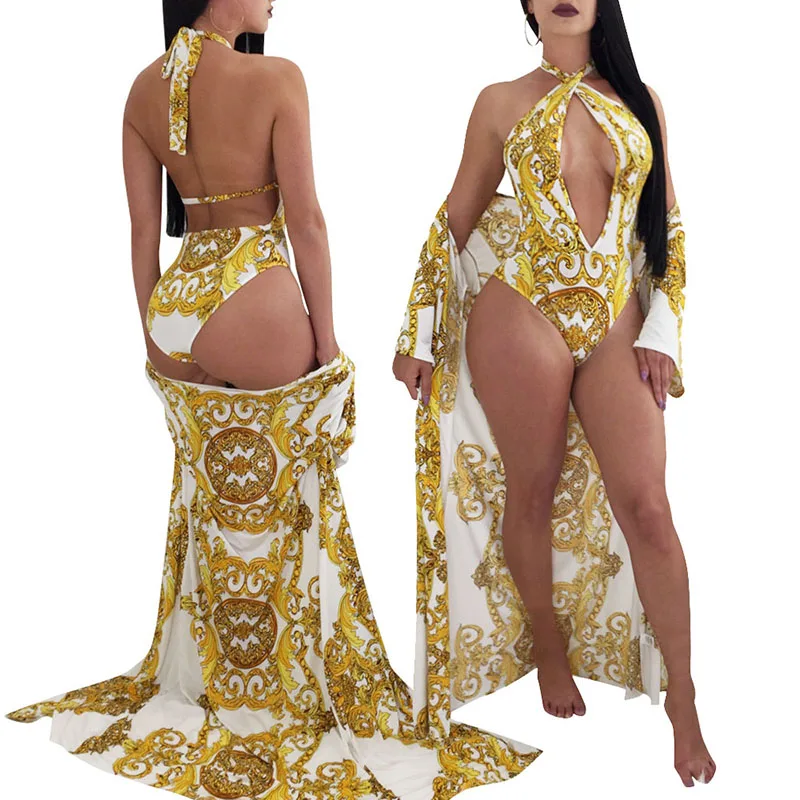 Sexy Bodysuits two pieces set women print long sleeve X-long cloak and deep o-neck bodysuit 2pcs beach tracksuit outfit