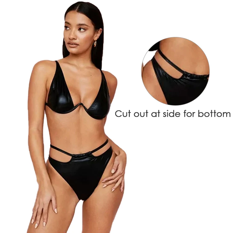OEM newest fashion coated V neck high leg cut out 2 piece underwire shiny leather bikini for women