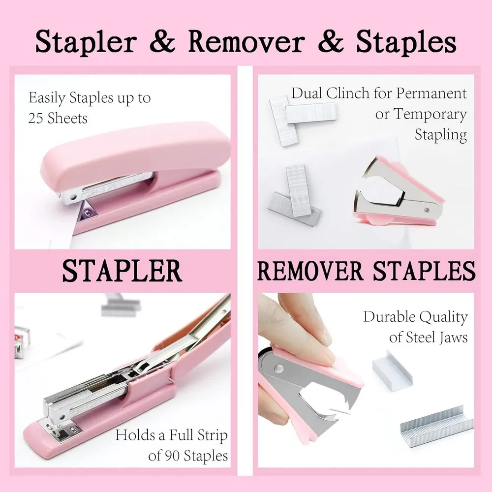Pink Desk Accessories Staple Remover Paper Clips Scissor And Stapler Tape Dispenser Set For Students
