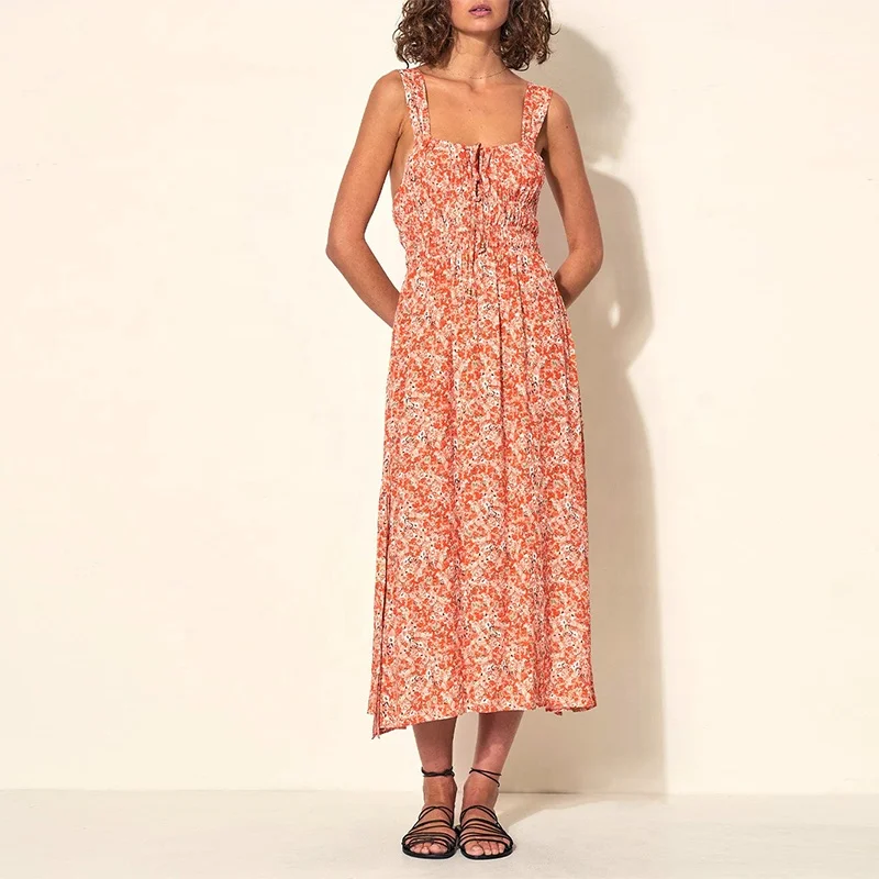 2023 Grace summer new temperament elegant v-neck suspender elastic waist beach print dress vacation wear midi linen dresses