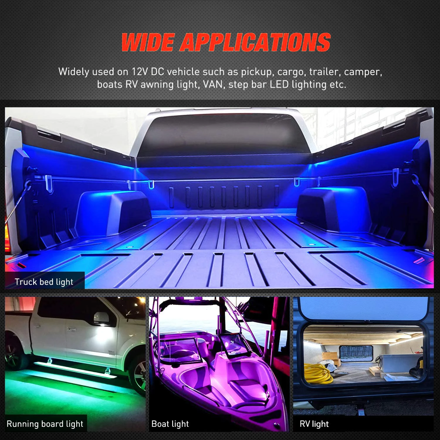 RGB LED Truck Bed Light Strip Kit Neon Accent Lights Splitter Extension Cable for Cargo Pickup Truck Camper RV SUV Boat
