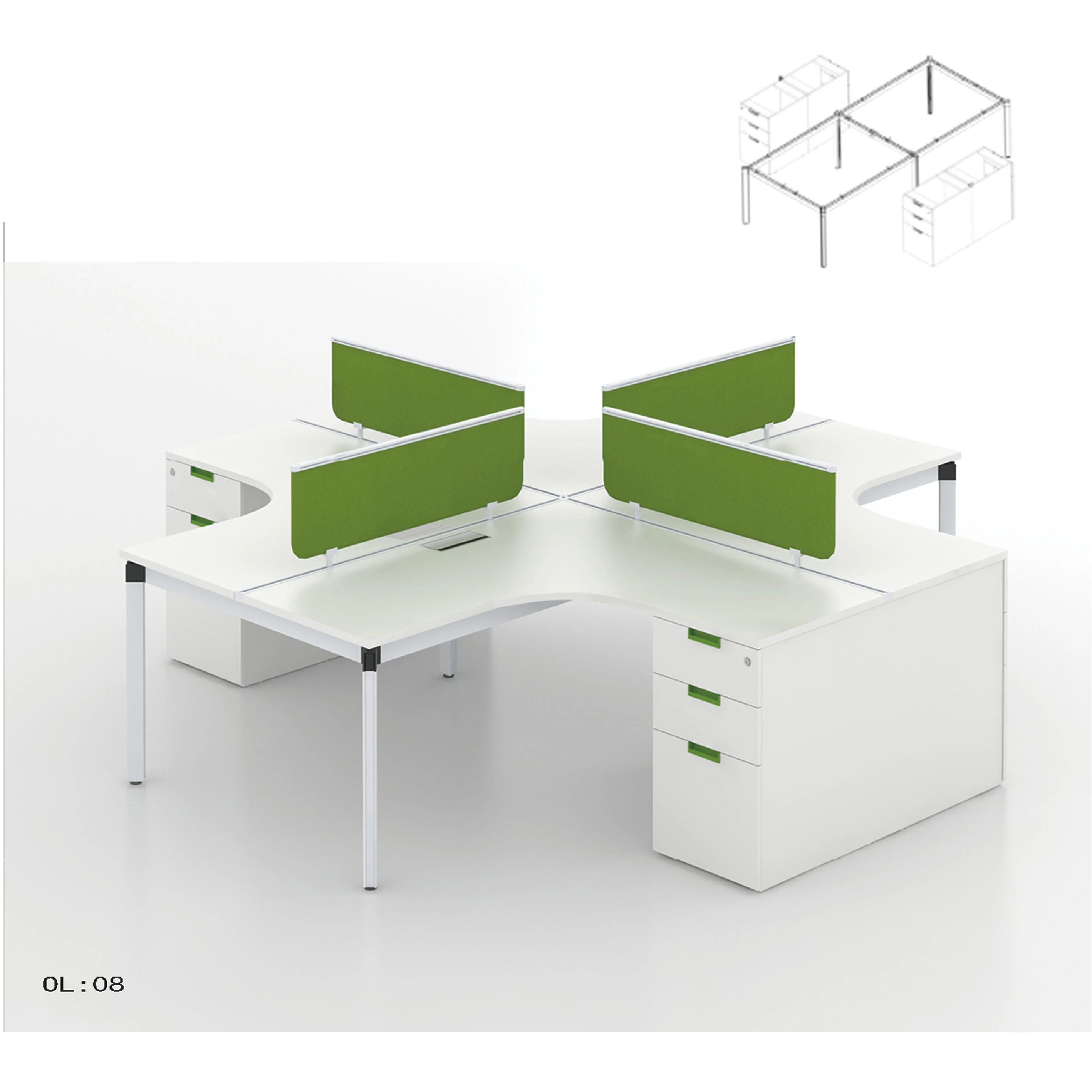 Small office 4 people seater wooden board white executive modular computer workstation desk table in modern style with screen