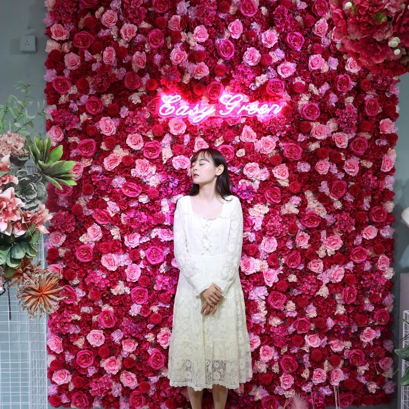 
Custom 3D Pink Flowerwall Wedding Artificial Silk Rose Flower Wall Panel Backdrop Artificial Flowers Decorative Flowers For Wall 