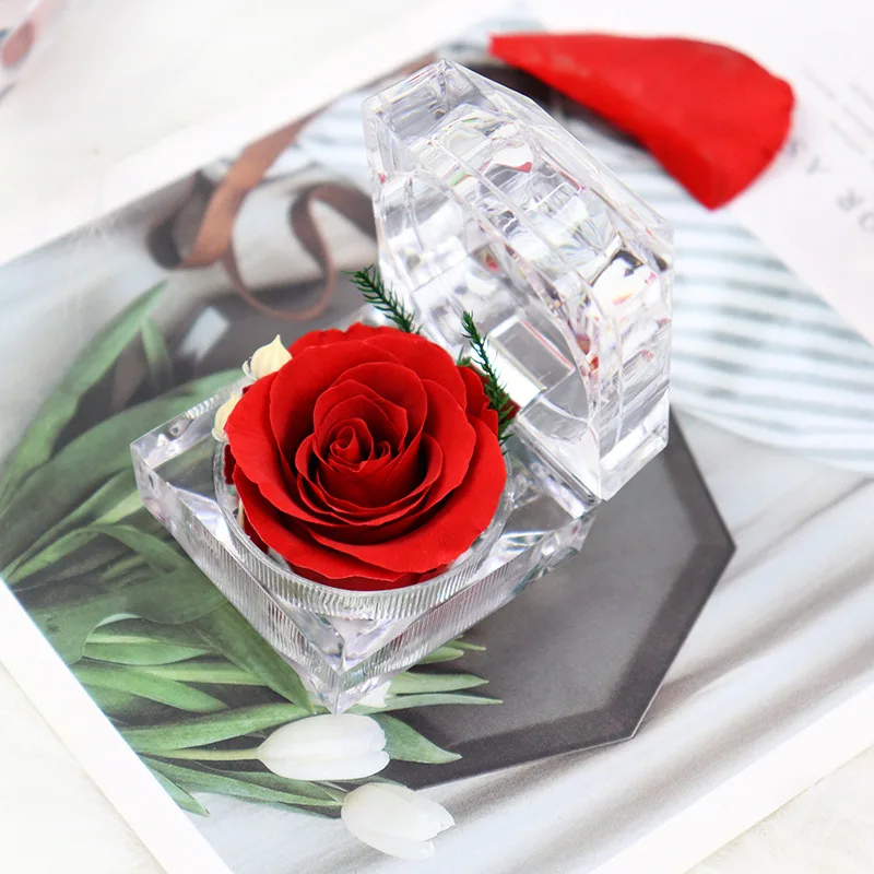 Cheap Price Mini Gifts Acrylic ring Boxes Preserved Roses