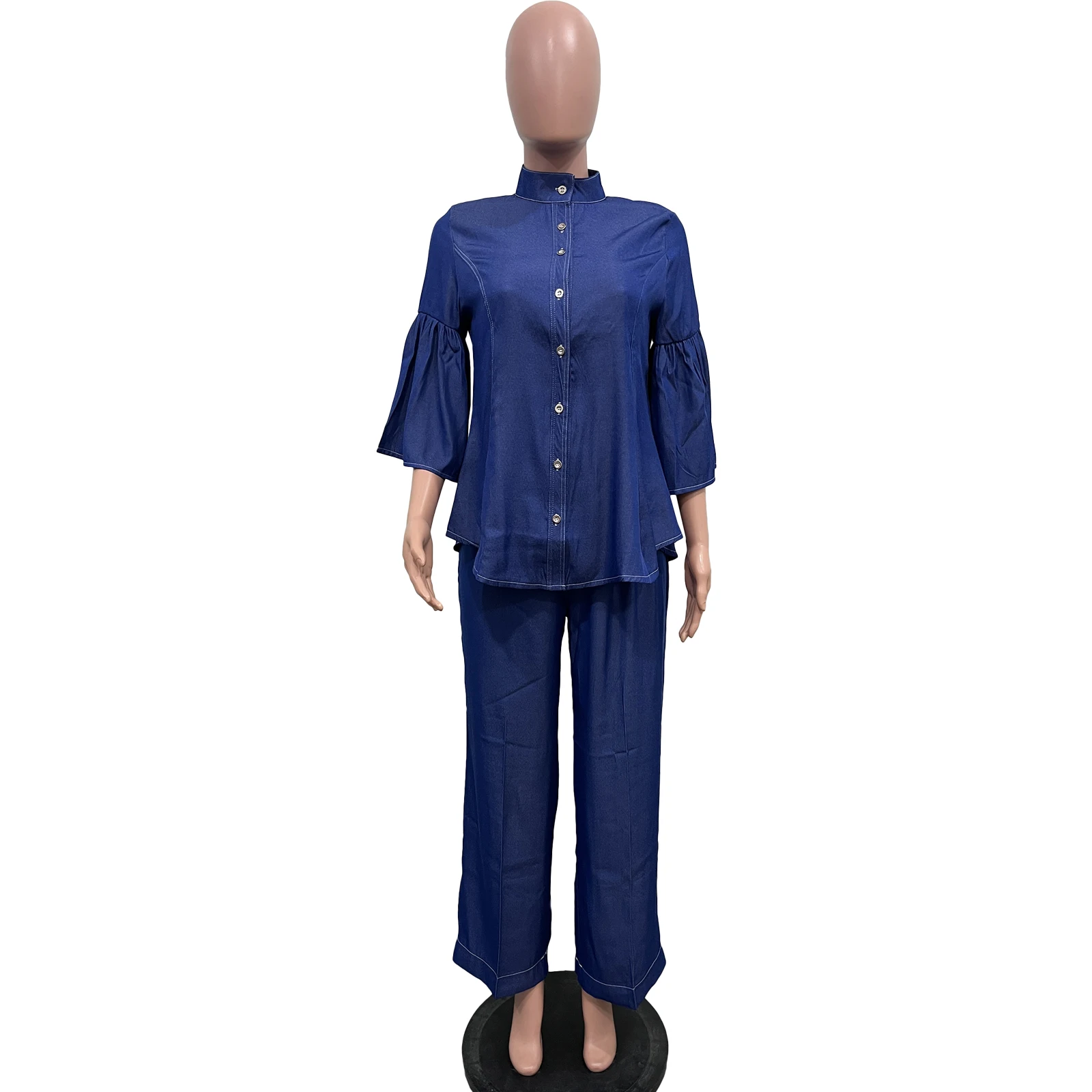 2024 Spring Clothing Women High Collar Button Flounce Top With Wide Leg Pants Denim Jeans 2 Piece Sets