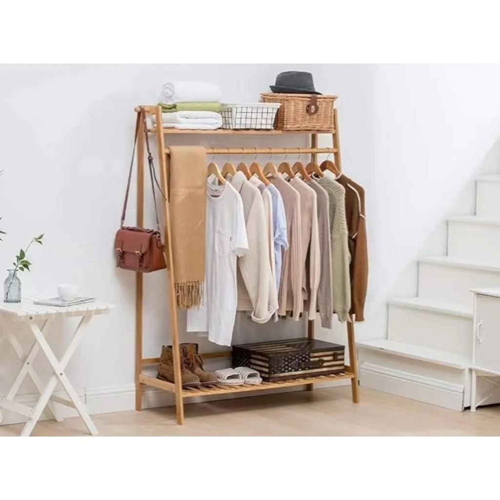 Coat Clothes Hanging Heavy Duty Rack with Top Shelf and Shoe Clothing Storage Organizer Shelves Good Price Bamboo Living Room