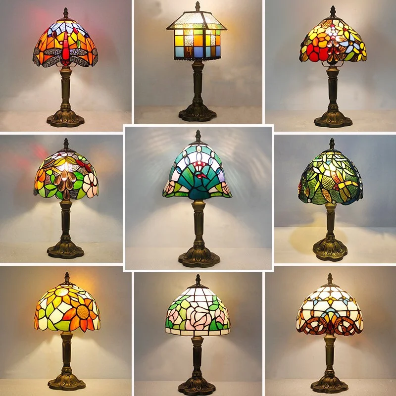 Tiffany Style Table Lamp Banker 8inch Stained Glass Peacock Floral Vintage Antique Light Decor Nightstand