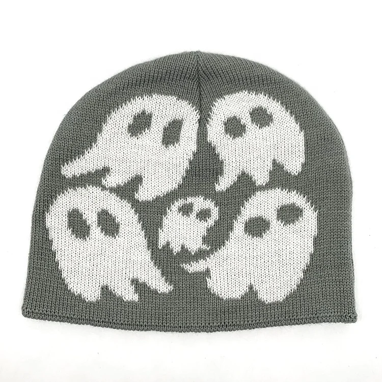 Halloween Beanie Skull Hat Ghost Slouchy Beanie No Cuff Jacquard toque for Men Women Warm Winter Knit Beanie Gift