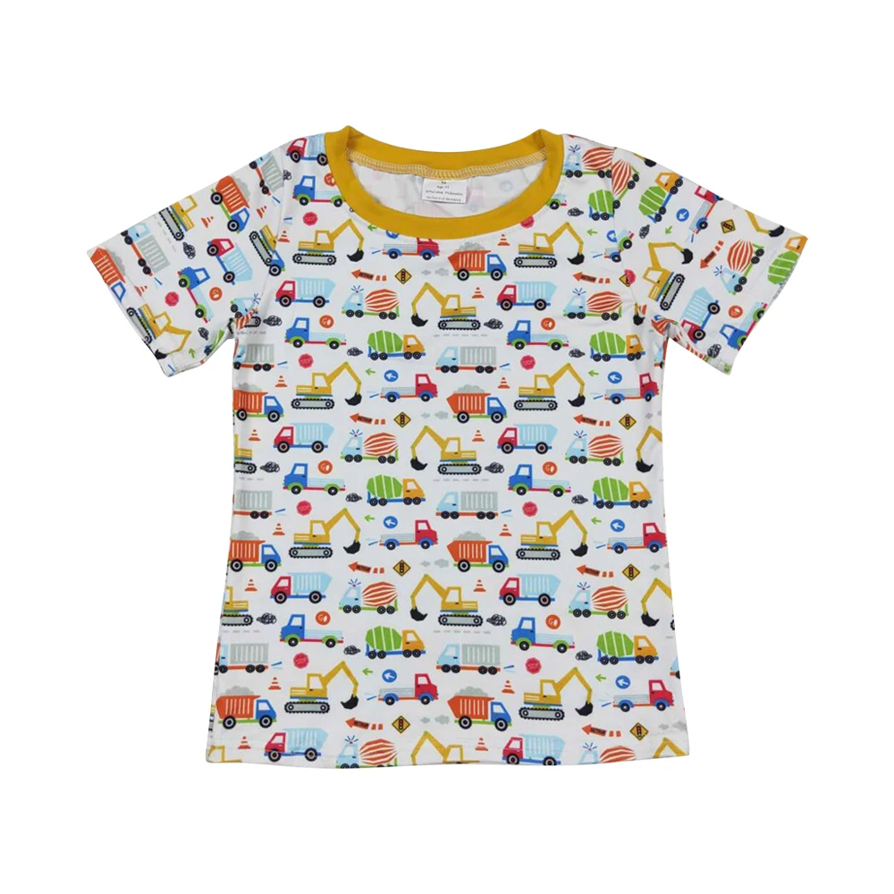 Boys shirts yellow short sleeves constructions excavators trucks tractors print wholesale boys shirts boutique low price no moq
