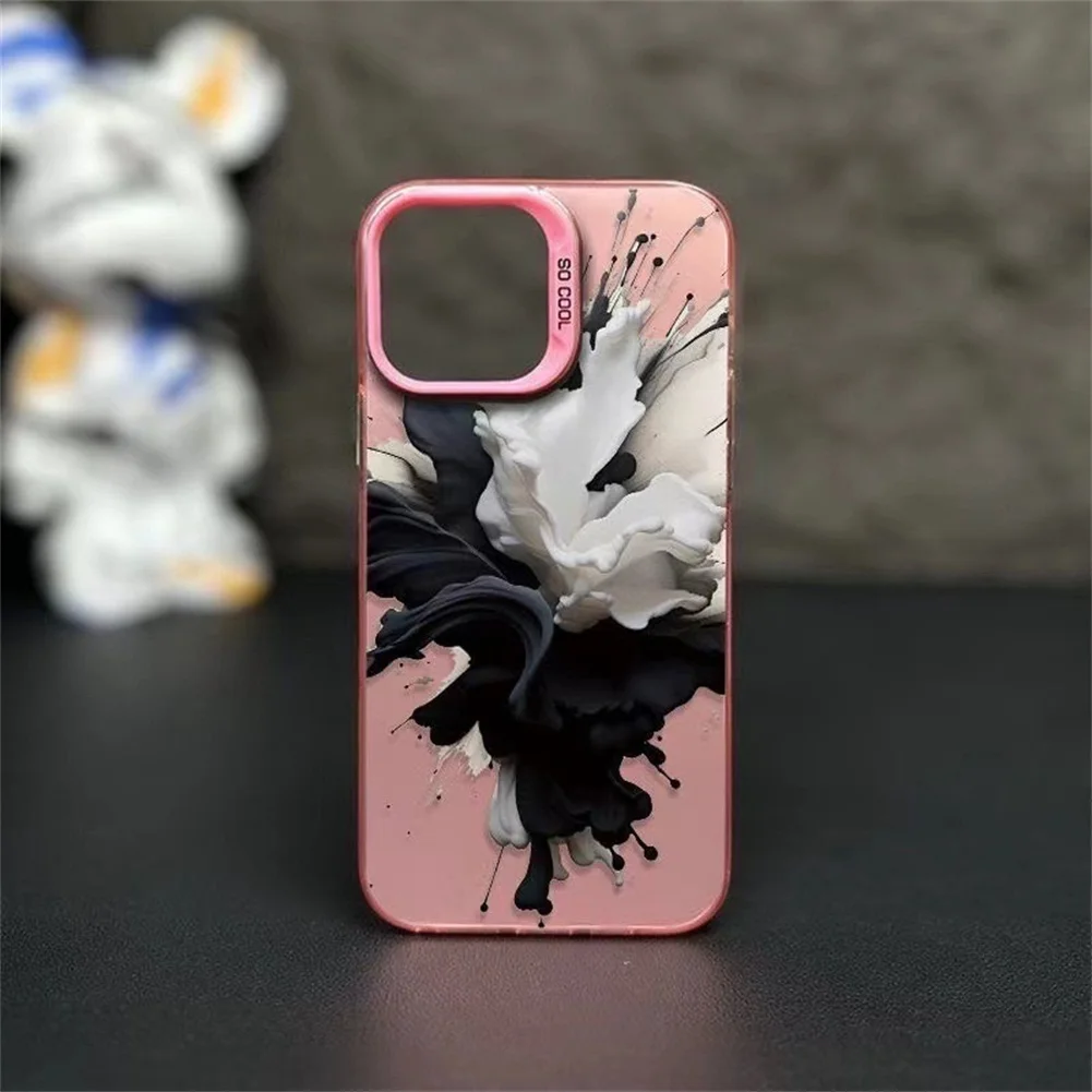 Unique Pink Ink Splashing Pattern Design Shockproof Phone Cases with Lens Protection for iPhone 15 16 Pro Max New Phone Case
