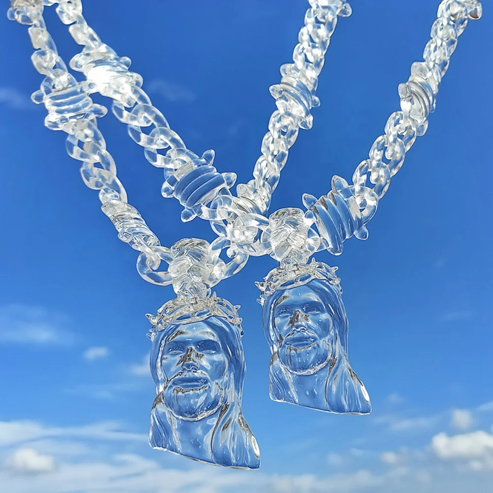2024 Ins Super Hot Clear 3D Pendant Custom Jesus Piece Chunky Jewelry Hip Hop Barbed Chain Acrylic Jesus Necklace for Men Women