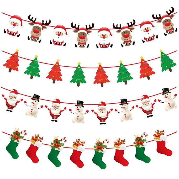 C57 New Year Navidad Christmas Decor 3 Meter Christmas Banners Paper Hanging Flags Santa Deer Xmas Tree Bunting Garland