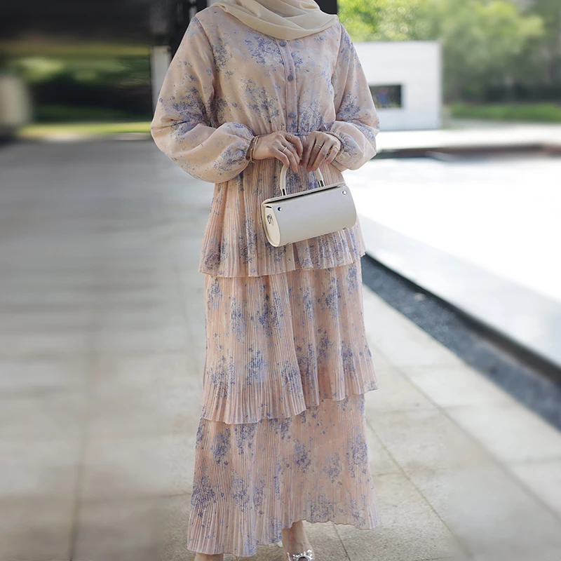 2023 Latest islamic women clothes modest dress long sleeve printed chiffon three layer muslim women dress