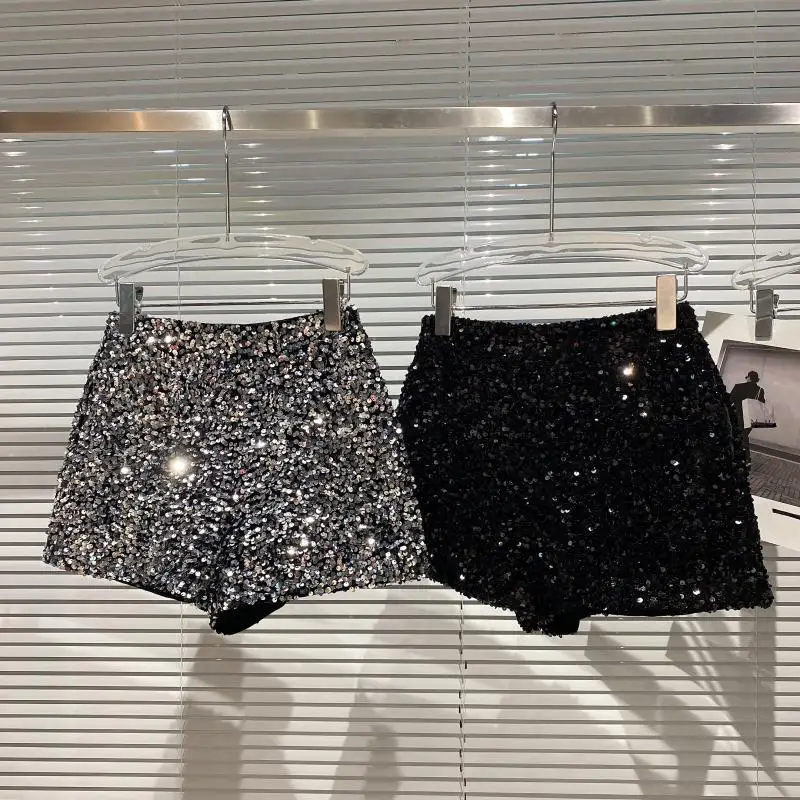 Popular High Fashion Fall Nightclub Ladies Casual Shiny Zipper Hot Pants Sequins Woman Shorts