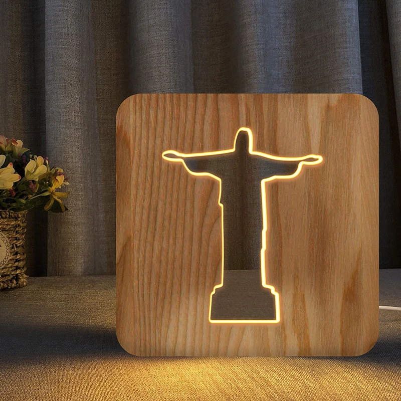FS-T1971W wooden night light popular 3d night light jesus cross