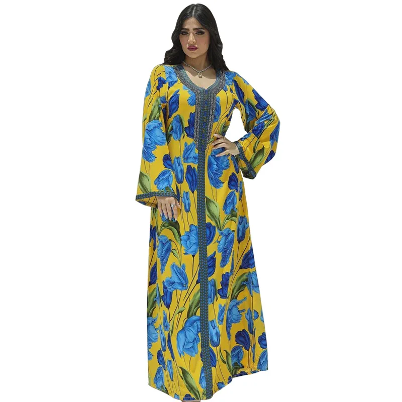 New Arrival Muslim Floral Print Long Jalabiya For Women Elegant Algeria Moroccan Kaftan Arabian Style Maxi Dresses Abaya