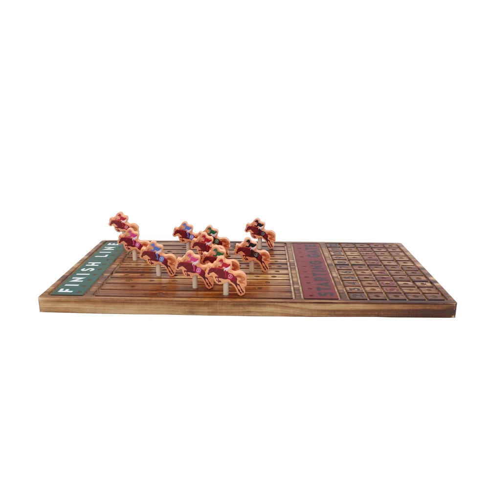 Charred Wooden Horse Racing Board Game Equipped with 11 Deluxe Craft Horse Thickened Pine Game Board Poker and dice for Children