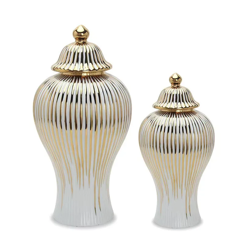 Custom White Striped Home Decorative Large Tall Big Floor notmadic flower urn Ceramic ginger vase gold