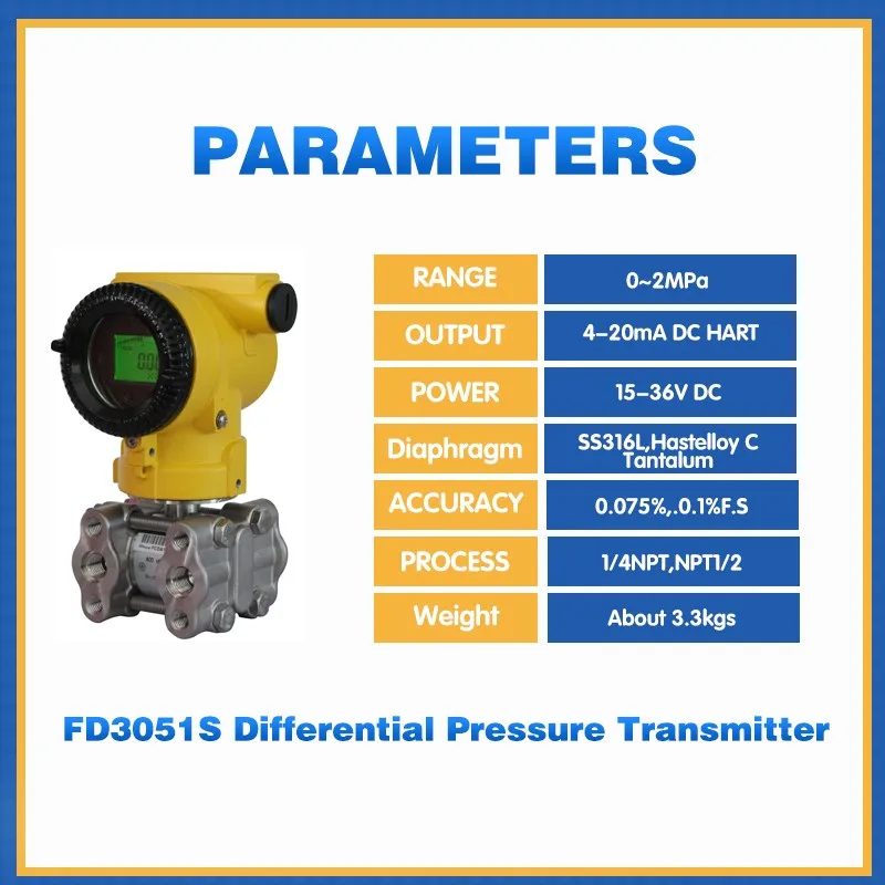 4-20mA HART Protocol Industrial Monocrystalline Silicon Differential Pressure Transmitter