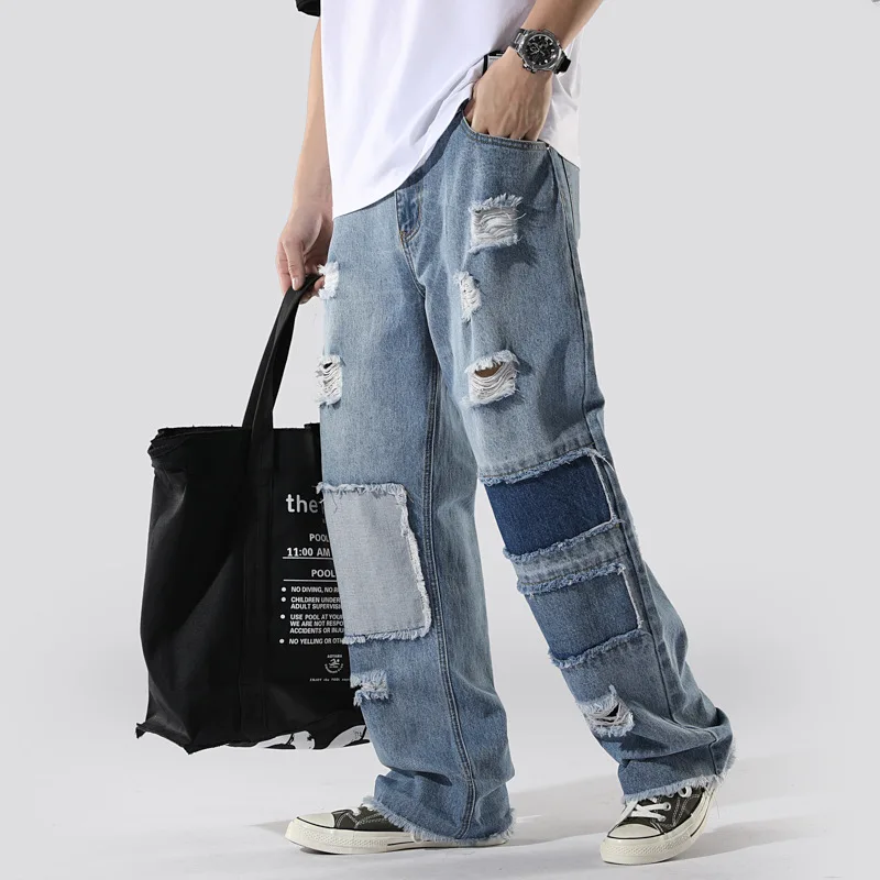 Custom Plus Size Loose Hip Hop Distress Mens Jeans 2021 Straight Pants Trousers Denim Jean For Men