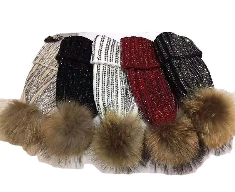 Winter Women Knitted Beanie Hat Real Raccoon Fur Pompom all diamond Hat for Female Warm Chunky Thick Stretchy Hat