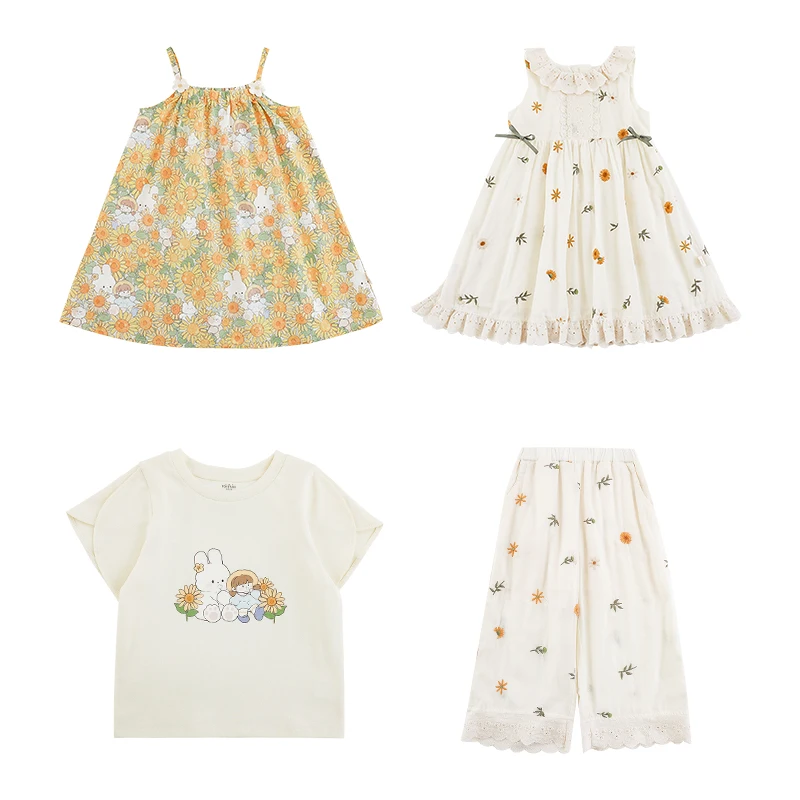 YOEHYAUL X4348 Factory Wholesale Sunflower Print Kids Girl Dress Clothes Set T-shirt and Pants Custom Logo Toddler Girls Outfits