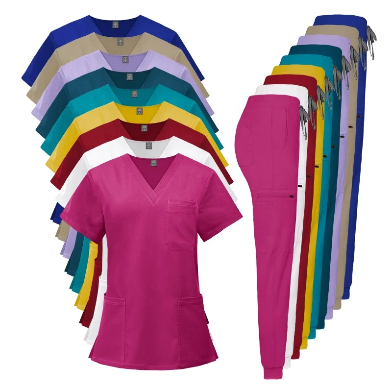 Logo Custom Khaki Color Scrubs Nursing Surgical 2-Way Stretchy Uniforms Salon Uniforms Drawstring Custom 2 Pieces Jogger Pants