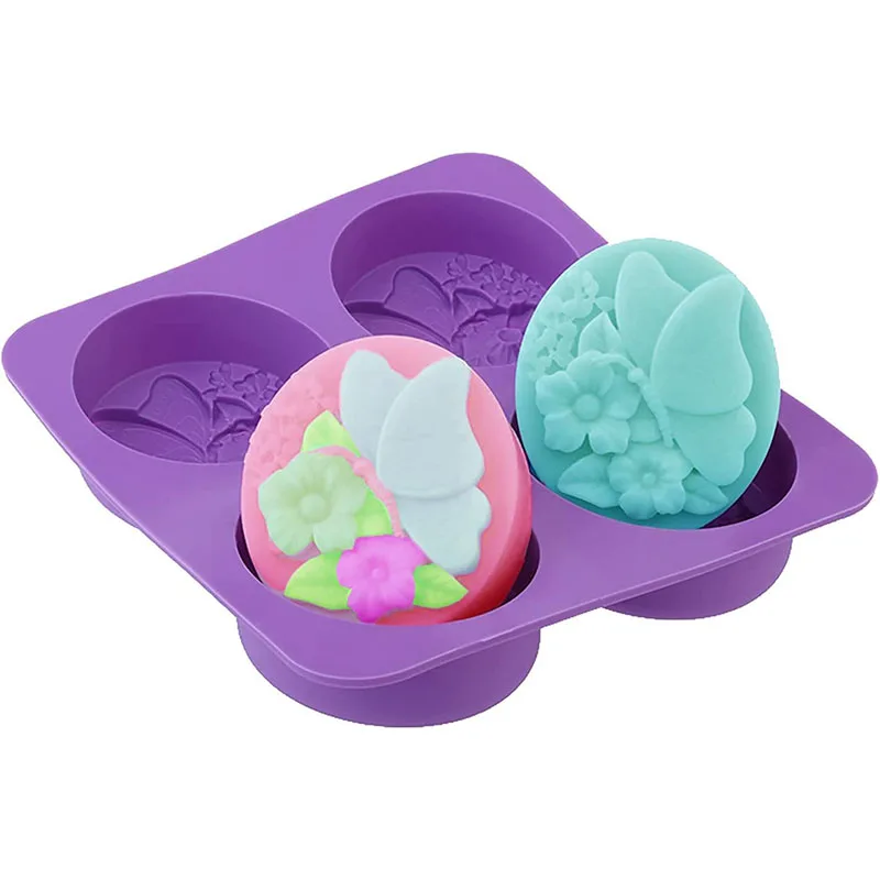 4 Cavities Oval Butterfly Flower Silicone Soap Mold