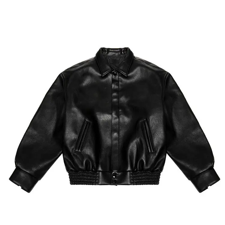 Custom puff printing pattern solid color leather baseball bomber men leather jacket  with buttons
