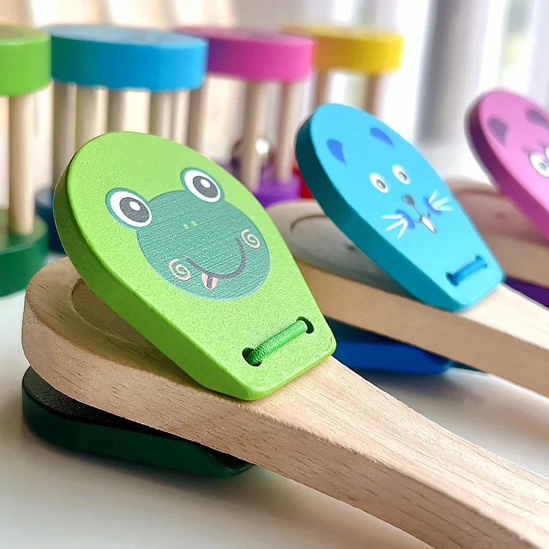 Montessori Baby Musical Instruments Wooden Colorful Cylinder Rolling Drum Rattle Hand Clappers Learning Toys For Infant
