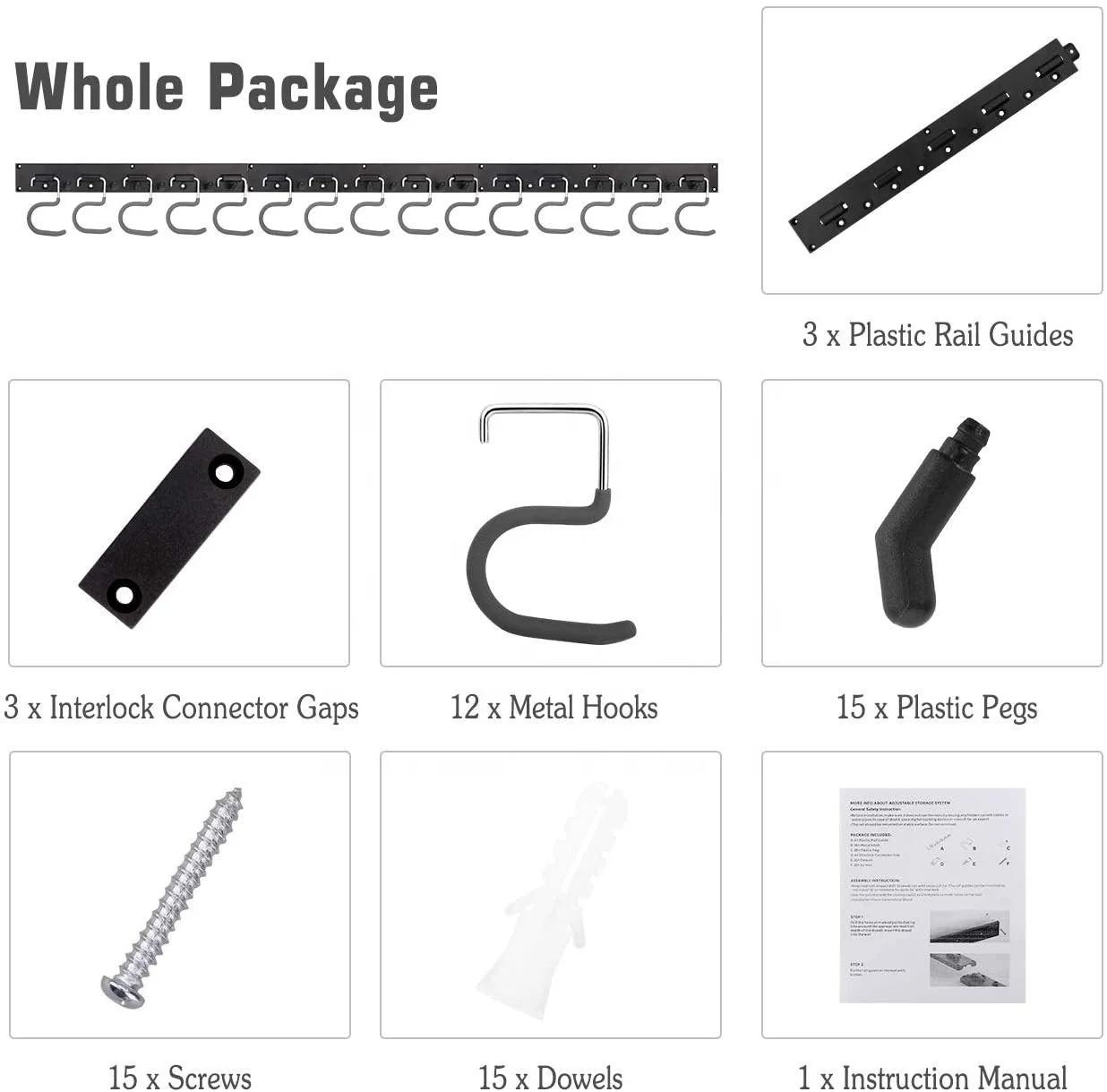 48 Inch with 3 Rails 12 Hooks All Metal Garden Tool Organizer, Heavy Duty Tools Hanger Adjustable Storage System