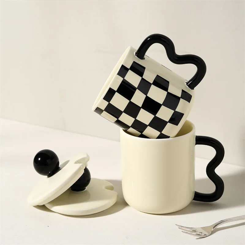 checkerboard checked mug retro ceramic water cup with lid