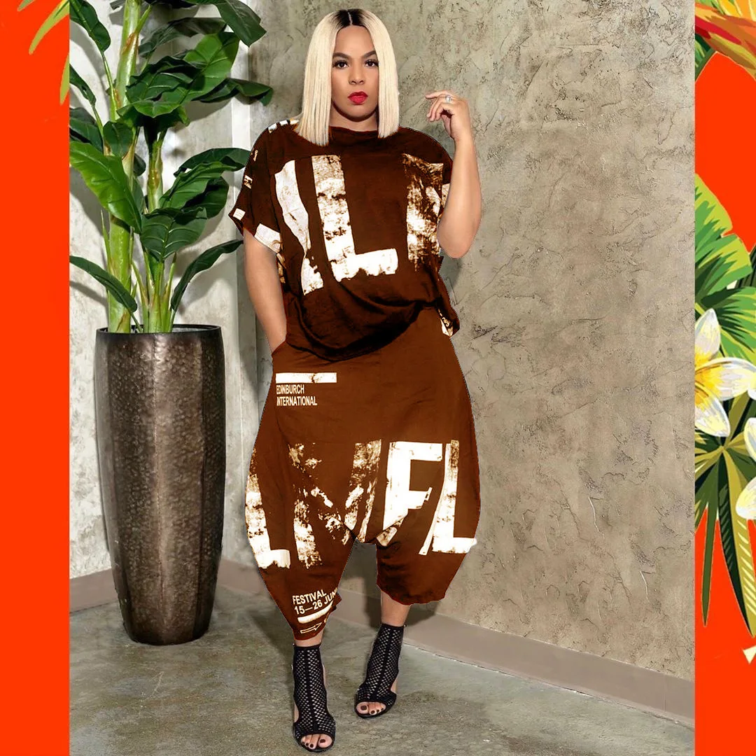 Fashion Clothes 2021 Women Letter Print Two Pieces Short Sleeve Harem Pants Set Plus Size Clothing