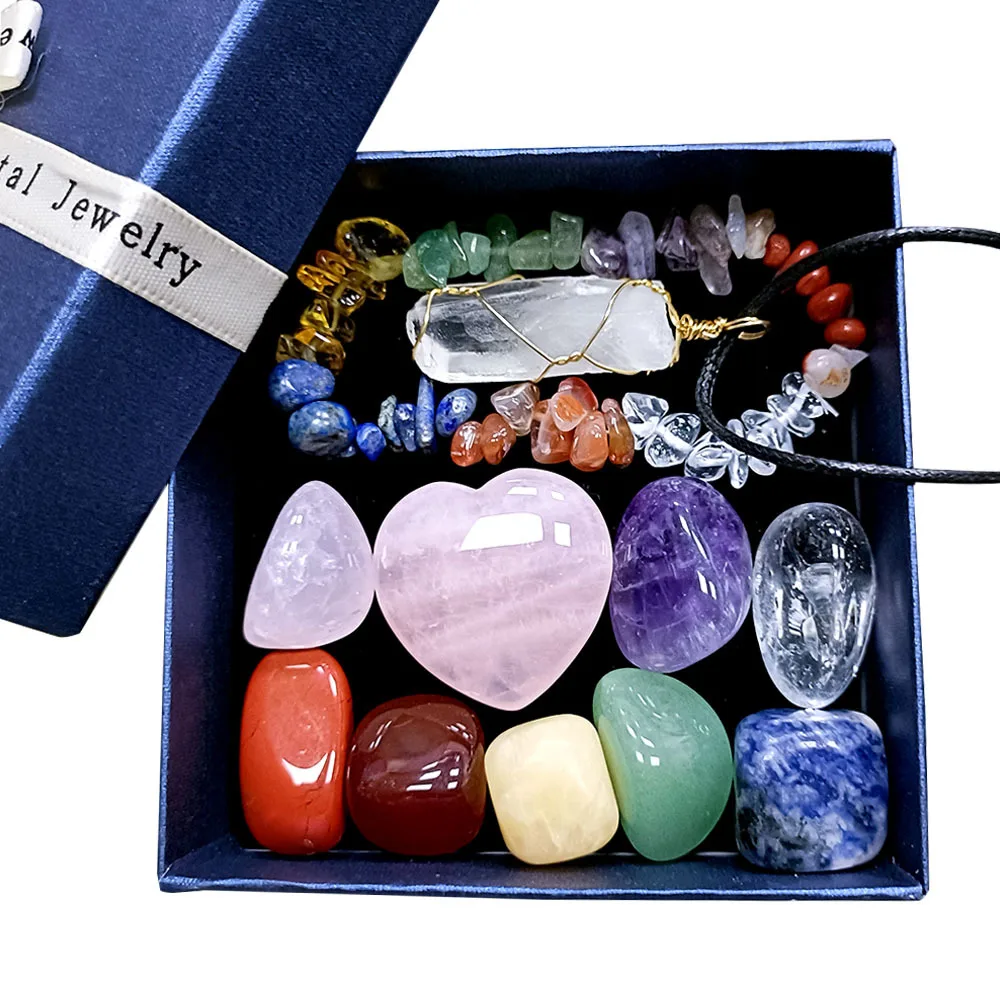 Natural Stone Crystal Jade Seven Chakra Combination Set Pink Crystal Love Hexagon Column Pendant Chakra Gift Box