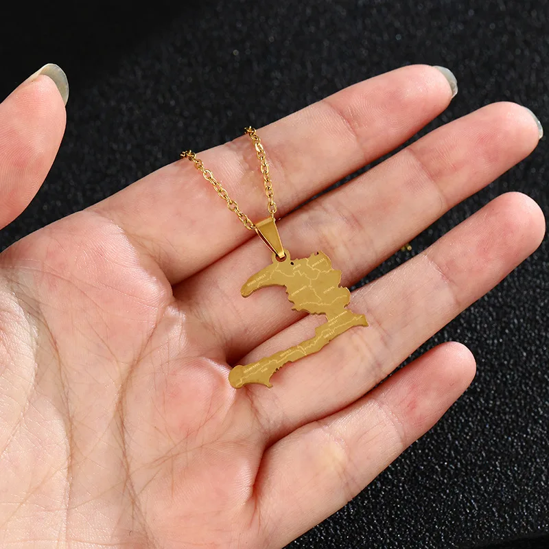 ROMABTIC Wholesale Stainless Steel Haiti Map Pendant Necklaces Gold Couple Necklace for Gift