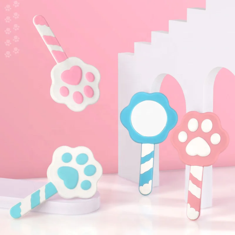 Custom Cartoon Design Cat Paw Makeup Mirror Girl Pocket Mirror Soft Silicone PVC Handheld Lovely Cosmetic Mirror